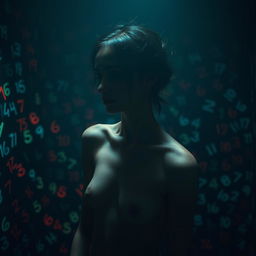 A moody and dramatic scene featuring a very slim woman in a dimly lit, grungy environment