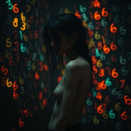 A moody and dramatic scene featuring a very slim woman in a dimly lit, grungy environment