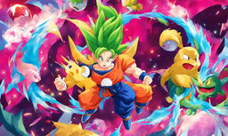 Goku from Dragon Ball Z depicted in Pokemon style in a vibrant landscape filled with various Pokemon creatures.