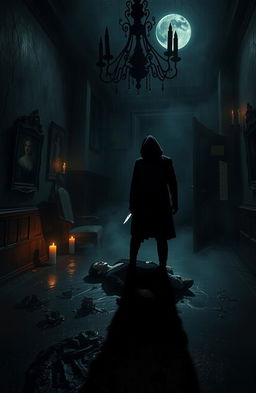 A dark, eerie scene depicting a chilling murder mystery