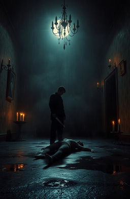 A dark, eerie scene depicting a chilling murder mystery