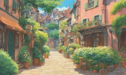 A 90s retro-style Studio Ghibli scene set in a quaint town with pastel colors.