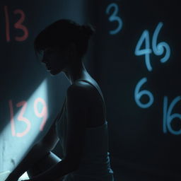 A moody scene featuring an exceptionally slim woman with visible scars, sitting sideways in a white tank top