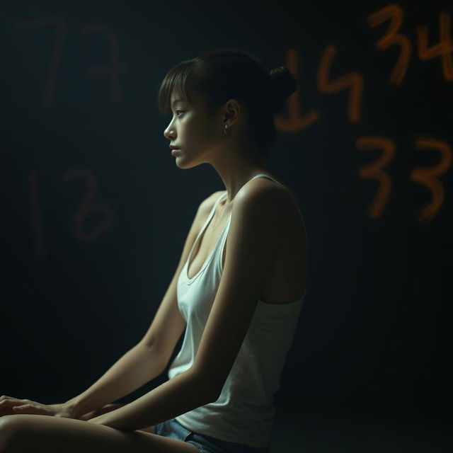 A moody scene featuring an exceptionally slim woman with visible scars, sitting sideways in a white tank top