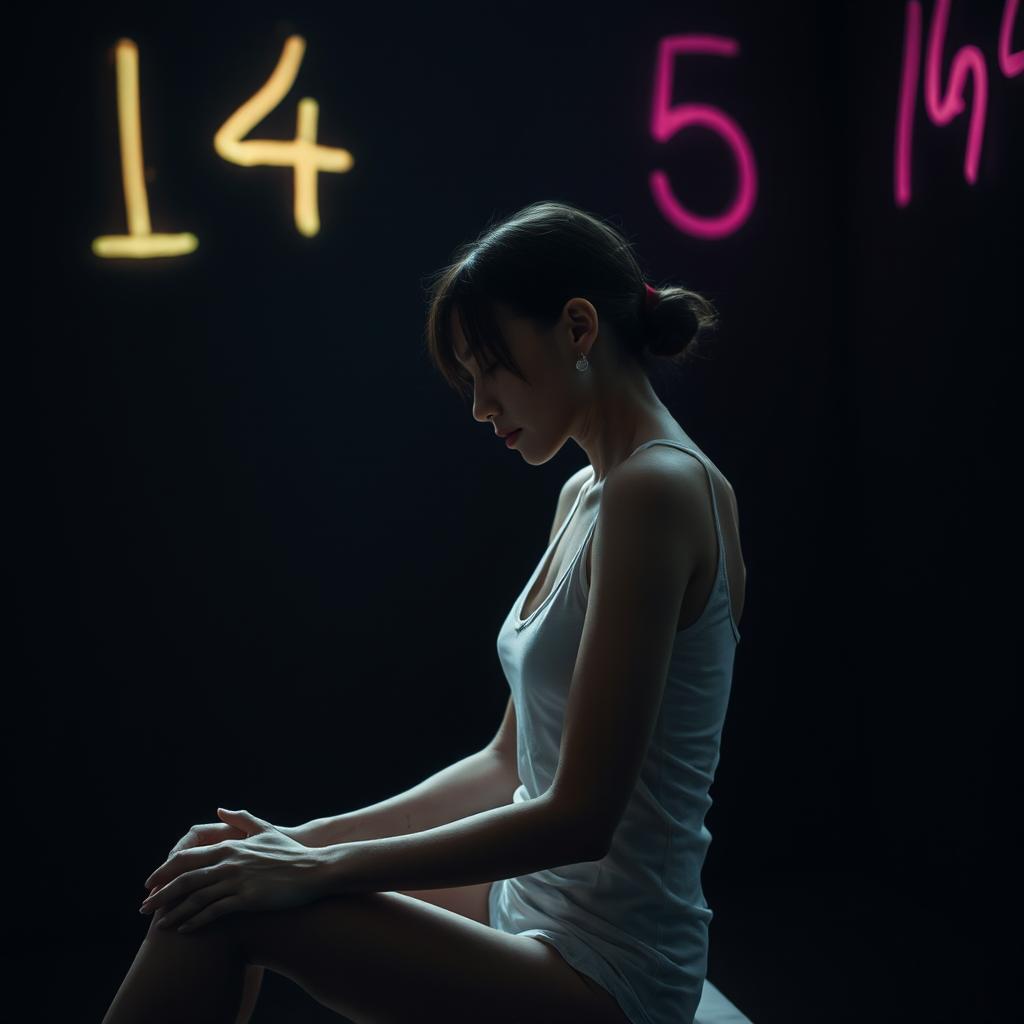 A moody scene featuring an exceptionally slim woman with visible scars, sitting sideways in a white tank top