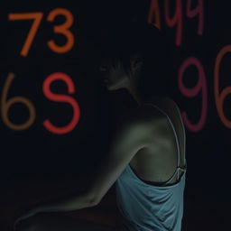 A moody scene featuring an exceptionally slim woman with visible scars, sitting sideways in a white tank top
