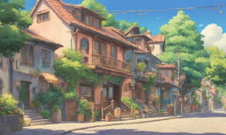 A 90s retro-style Studio Ghibli scene set in a quaint town with pastel colors.