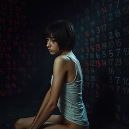 An extremely slim girl, resembling someone with anorexia, sitting sideways in a dark, dirty room while wearing a white tank top