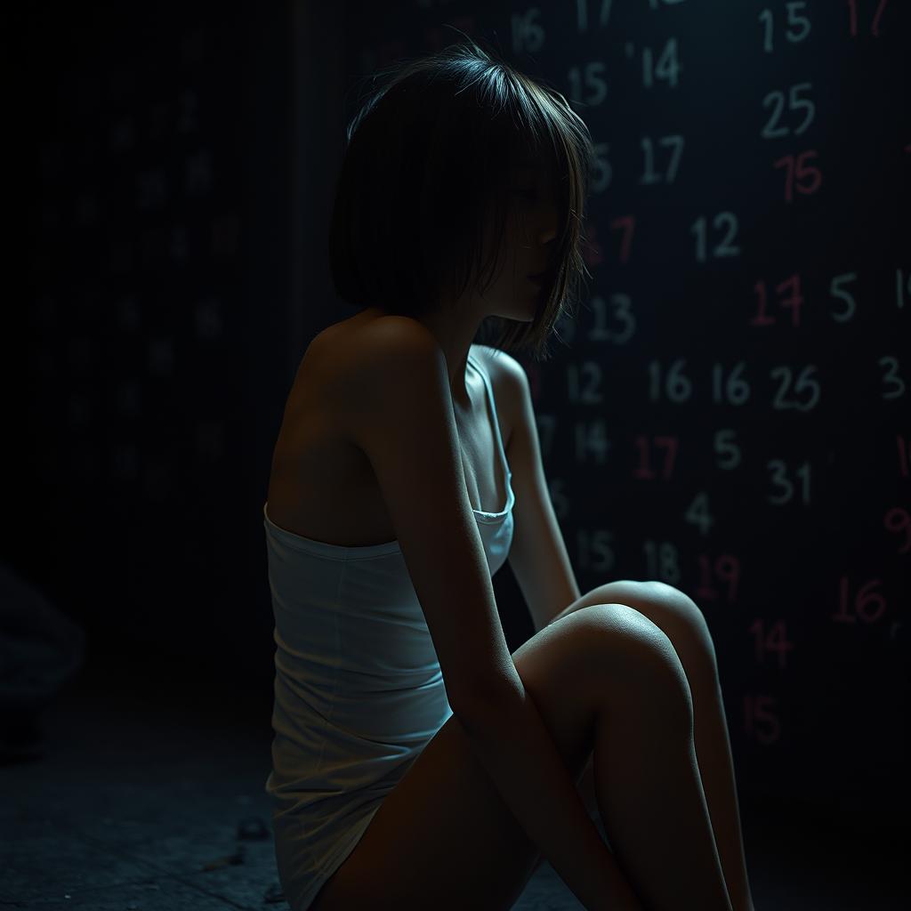 An extremely slim girl, resembling someone with anorexia, sitting sideways in a dark, dirty room while wearing a white tank top