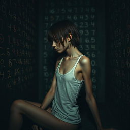 An extremely slim girl, resembling someone with anorexia, sitting sideways in a dark, dirty room while wearing a white tank top