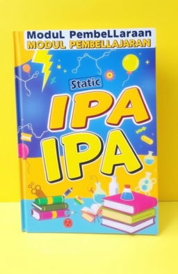 A vibrant and creative book cover for an educational book titled 'Modul Pembelajaran IPA' focused on Static Electricity