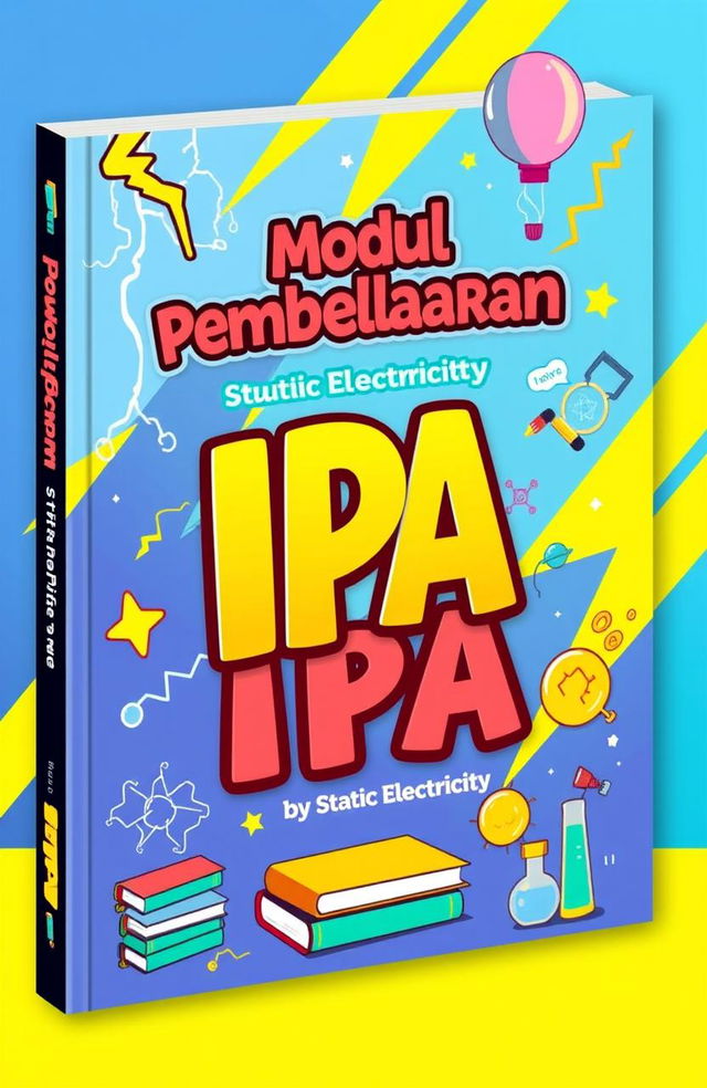 A vibrant and creative book cover for an educational book titled 'Modul Pembelajaran IPA' focused on Static Electricity