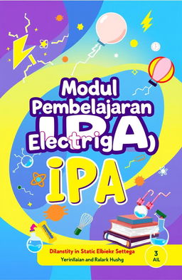 A vibrant and creative book cover for an educational book titled 'Modul Pembelajaran IPA' focused on Static Electricity