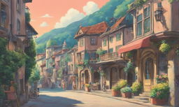 A 90s retro-style Studio Ghibli scene set in a quaint town with pastel colors.