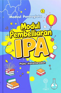 A vibrant and creative book cover for an educational book titled 'Modul Pembelajaran IPA' focused on Static Electricity