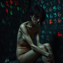 A moody and dramatic scene featuring a very slim and visibly exhausted woman with visible bruises and scars, sitting sideways in a dimly lit, grungy environment