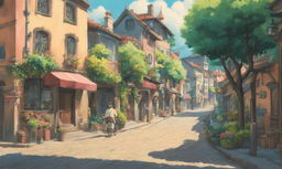 A 90s retro-style Studio Ghibli scene set in a quaint town with pastel colors.