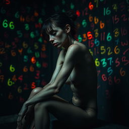 A moody and dramatic scene featuring a very slim and visibly exhausted woman with visible bruises and scars, sitting sideways in a dimly lit, grungy environment