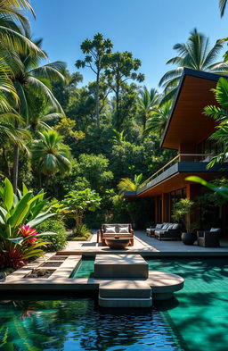A stunning luxury resort villa set in a beautiful threatened tropical forest landscape, surrounded by lush greenery and exotic flowers