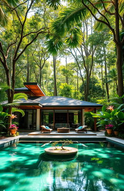A stunning luxury resort villa set in a beautiful threatened tropical forest landscape, surrounded by lush greenery and exotic flowers