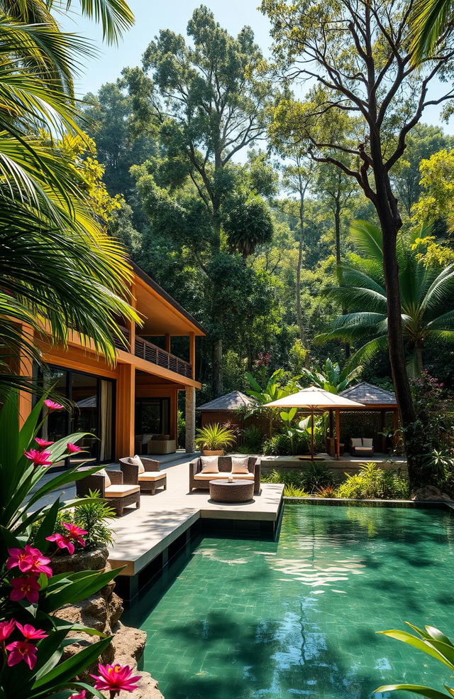 A stunning luxury resort villa set in a beautiful threatened tropical forest landscape, surrounded by lush greenery and exotic flowers