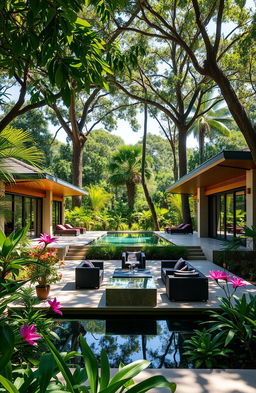 A stunning luxury resort villa set in a beautiful threatened tropical forest landscape, surrounded by lush greenery and exotic flowers