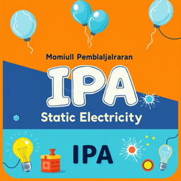 A creative and engaging educational module cover for 'Modul Pembelajaran IPA' that focuses on Static Electricity