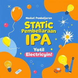 A creative and engaging educational module cover for 'Modul Pembelajaran IPA' that focuses on Static Electricity
