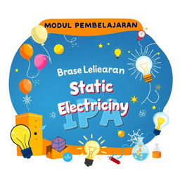 A creative and engaging educational module cover for 'Modul Pembelajaran IPA' that focuses on Static Electricity