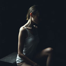 A moody scene featuring an exceptionally slim woman with visible scars, sitting sideways while wearing a plain white tank top