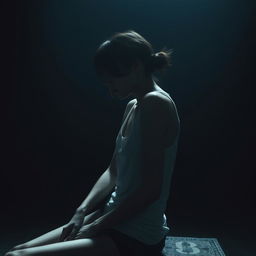 A moody scene featuring an exceptionally slim woman with visible scars, sitting sideways while wearing a plain white tank top