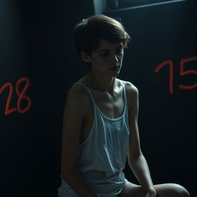 A moody scene featuring an exceptionally slim woman with visible scars, sitting sideways while wearing a plain white tank top