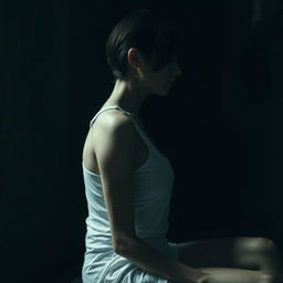 A moody scene featuring an exceptionally slim woman with visible scars, sitting sideways while wearing a plain white tank top