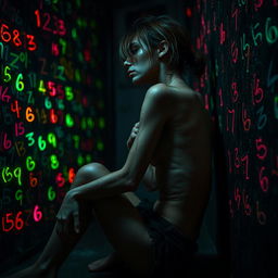 A moody and dramatic scene featuring a very slim and visibly exhausted woman with bruises and scars, sitting sideways in a dimly lit, grungy environment