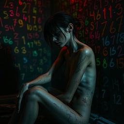 A moody and dramatic scene featuring a very slim and visibly exhausted woman with bruises and scars, sitting sideways in a dimly lit, grungy environment