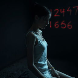 A moody scene featuring a very slim woman, appearing frail and with visible scars, sitting sideways in a dark, dirty room while wearing a plain white tank top