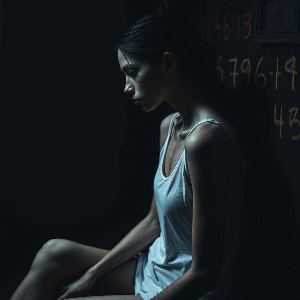 A moody scene featuring a very slim woman, appearing frail and with visible scars, sitting sideways in a dark, dirty room while wearing a plain white tank top