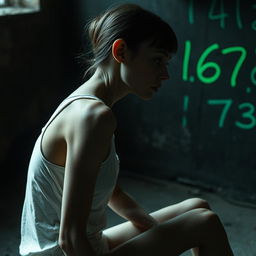 A moody scene featuring a very slim woman, appearing frail and with visible scars, sitting sideways in a dark, dirty room while wearing a plain white tank top