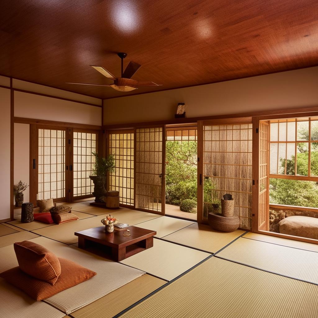 A spacious and luxuriously furnished living room in Japandi style, incorporating elements of traditional Indian decor, with warm tones and natural materials.