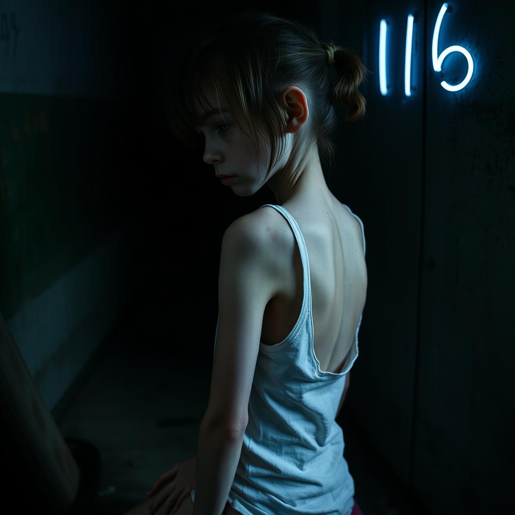 An extremely thin girl, looking frail and fragile with visible bruises and scars, sits sideways in a dim, dirty room while wearing a plain white tank top