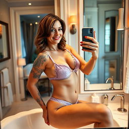 A woman in her 40s taking playful selfies in a luxurious bathroom mirror, wearing only delicate lavender lingerie that beautifully showcases her body and vibrant tattoos
