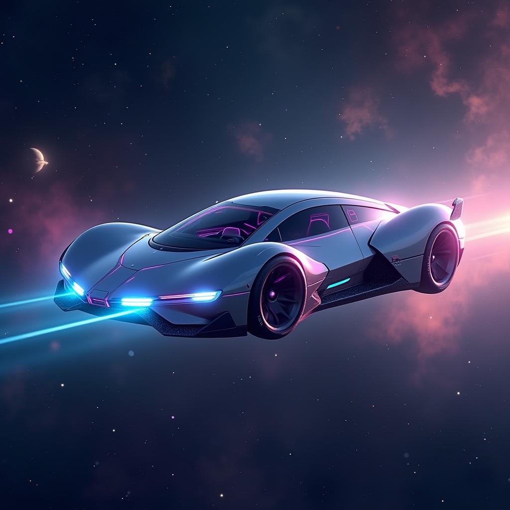 A futuristic flying car soaring gracefully through the vastness of space, surrounded by stars and distant galaxies