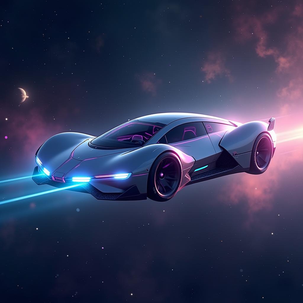 A futuristic flying car soaring gracefully through the vastness of space, surrounded by stars and distant galaxies