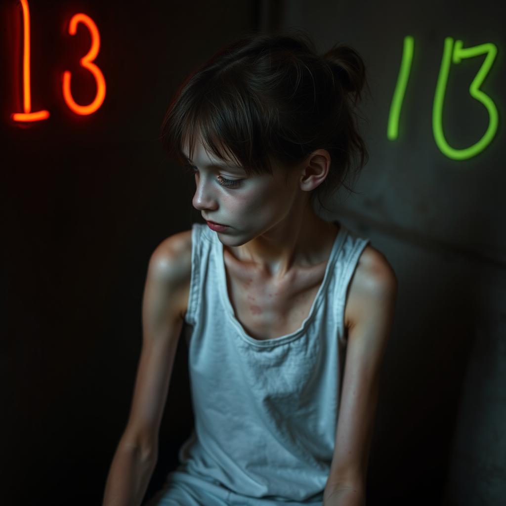 An extremely thin girl, looking frail and fragile with visible bruises and scars, sits sideways in a dim, dirty room while wearing a plain white tank top