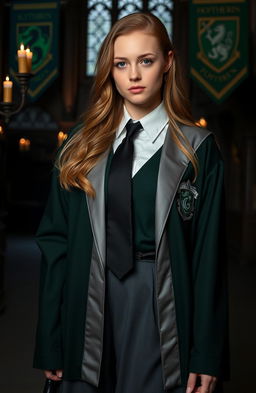 Abbey Cowen dressed in an elegant Slytherin uniform with a tailored green and silver robe, a white shirt, and a black tie, standing confidently in a Hogwarts castle setting, surrounded by magical elements like floating candles and house banners, showcasing her captivating features and engaging expression, with dramatic lighting that enhances her presence, embodying the spirit of a cunning and ambitious student