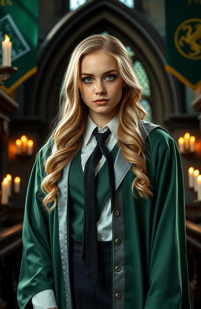 Abbey Cowen dressed in an elegant Slytherin uniform with a tailored green and silver robe, a white shirt, and a black tie, standing confidently in a Hogwarts castle setting, surrounded by magical elements like floating candles and house banners, showcasing her captivating features and engaging expression, with dramatic lighting that enhances her presence, embodying the spirit of a cunning and ambitious student