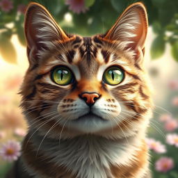 A highly detailed and artistic representation of a cat, specifically a close-up of its face with bright green eyes, intricate fur patterns, and an endearing expression