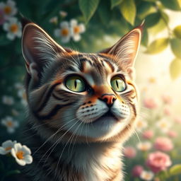 A highly detailed and artistic representation of a cat, specifically a close-up of its face with bright green eyes, intricate fur patterns, and an endearing expression