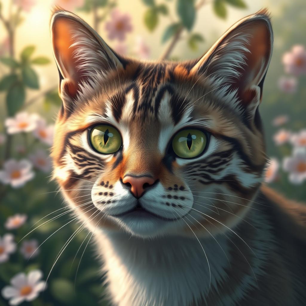 A highly detailed and artistic representation of a cat, specifically a close-up of its face with bright green eyes, intricate fur patterns, and an endearing expression