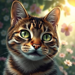 A highly detailed and artistic representation of a cat, specifically a close-up of its face with bright green eyes, intricate fur patterns, and an endearing expression